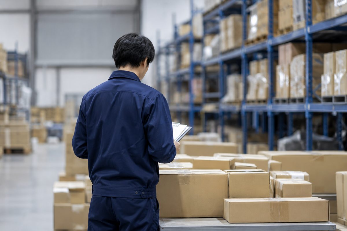 倉庫内で荷物を確認する物流スタッフ