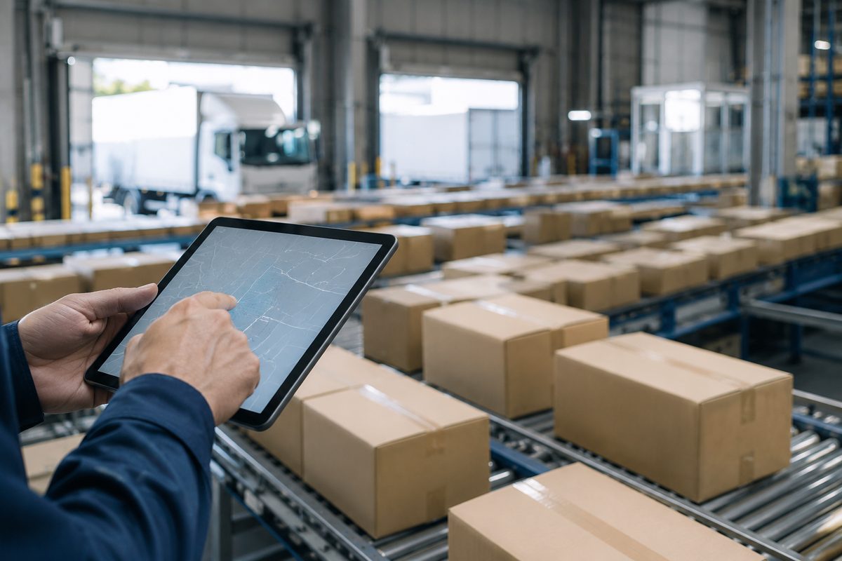 仕分けエリアの荷物と配送手配を確認するタブレット端末